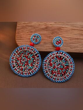 Handcrafted Multicolor Beaded Drop Earrings - Blue, Red & Turquoise